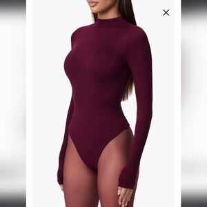 Women's Long Sleeve Ribbed Burgundy Bodysuit